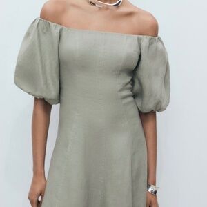 MANGo PUFFED-SLEEVE LINEN DRESS